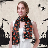 a woman is wearing Basic Sense black pumpkin bat print satin silky scarves for halloween