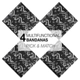 Close-up of four different bandanas with musical clef note designs from 4-Piece Musical Clef Note Cotton Bandana Set.