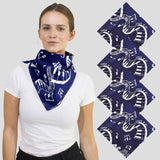Stylish woman wearing white shirt and blue musical clef note cotton bandana.