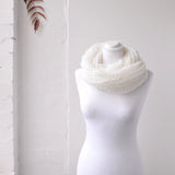 Soft knitted white scarf on man displayed in Autumn Winter Snood Scarf product.