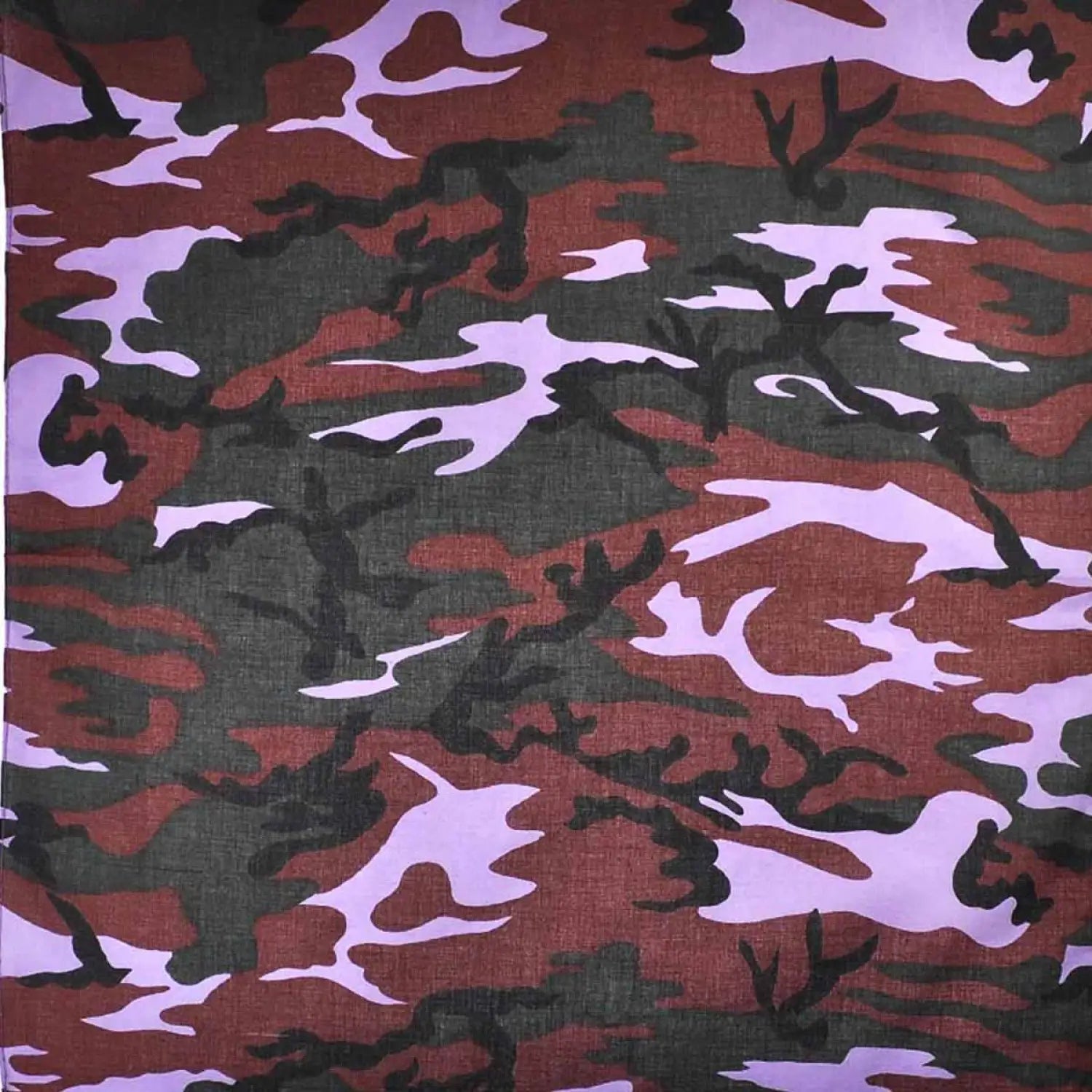 Purple and black camouflage military print bandana made of 100% cotton fabric.