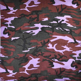 Purple and black camouflage military print bandana made of 100% cotton fabric.