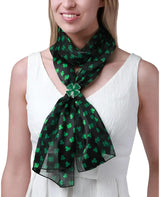 Woman wearing Celtic Shamrock Satin Scarf in Irish Pride product.