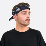 Stylish man wearing Chinese character print bandana in black shirt