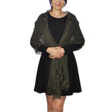Woman in black dress and green shawl wearing Cotton Crinkled Lace-Edged Evening Scarf