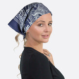 Stylish woman in black top wearing Dragon & Paisley Print Square Bandana in 100% Cotton