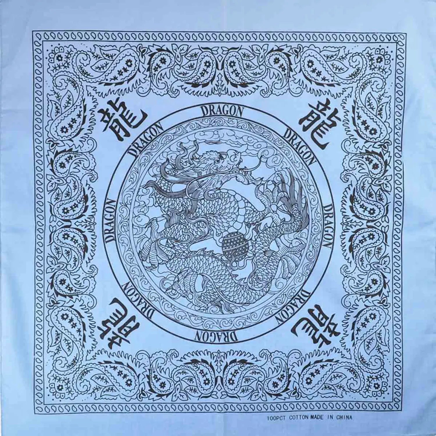 Square bandana with dragon design in 100% cotton.