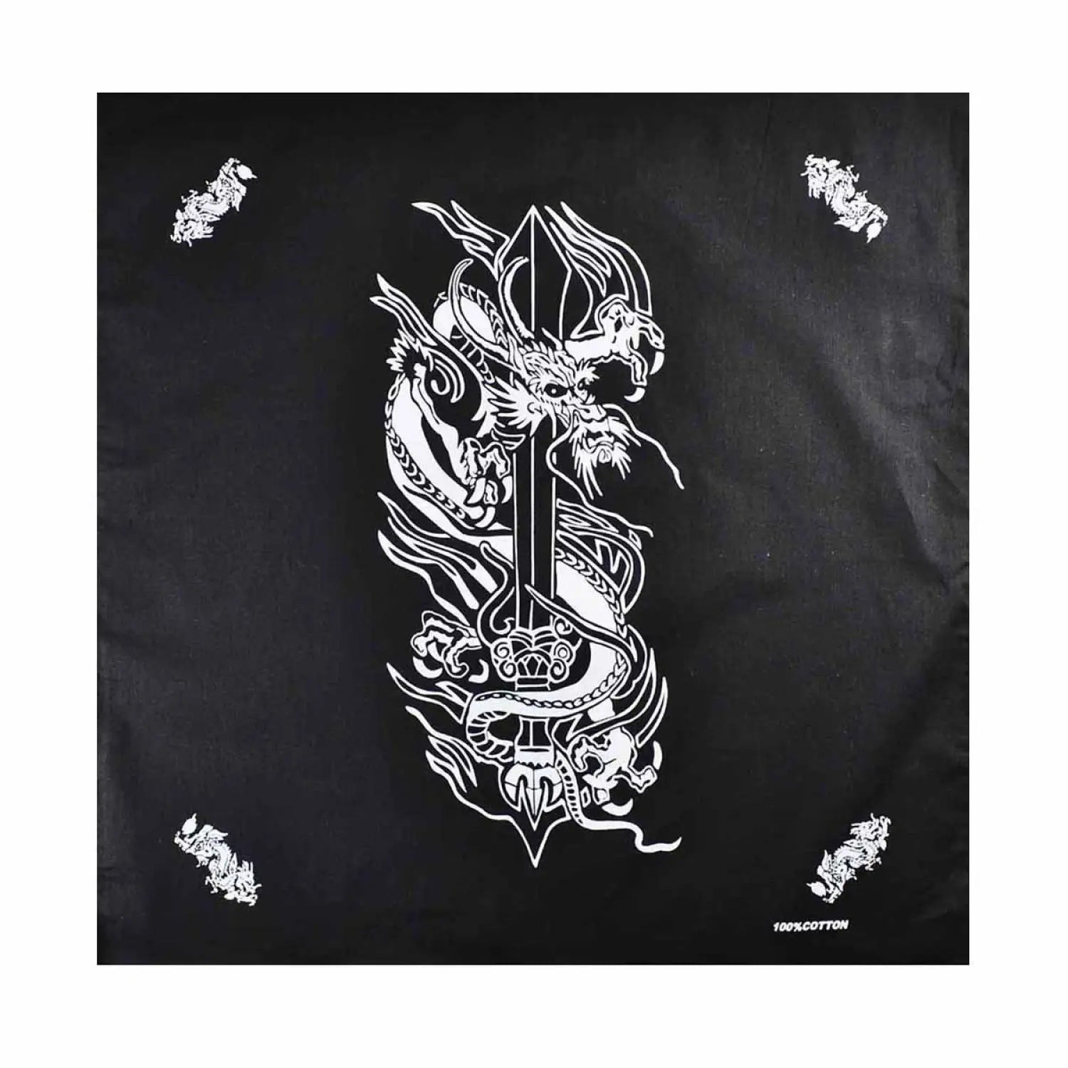 Dragon & Sword Print Bandana - 100% Cotton - Black and white dragon tattoo design on black background