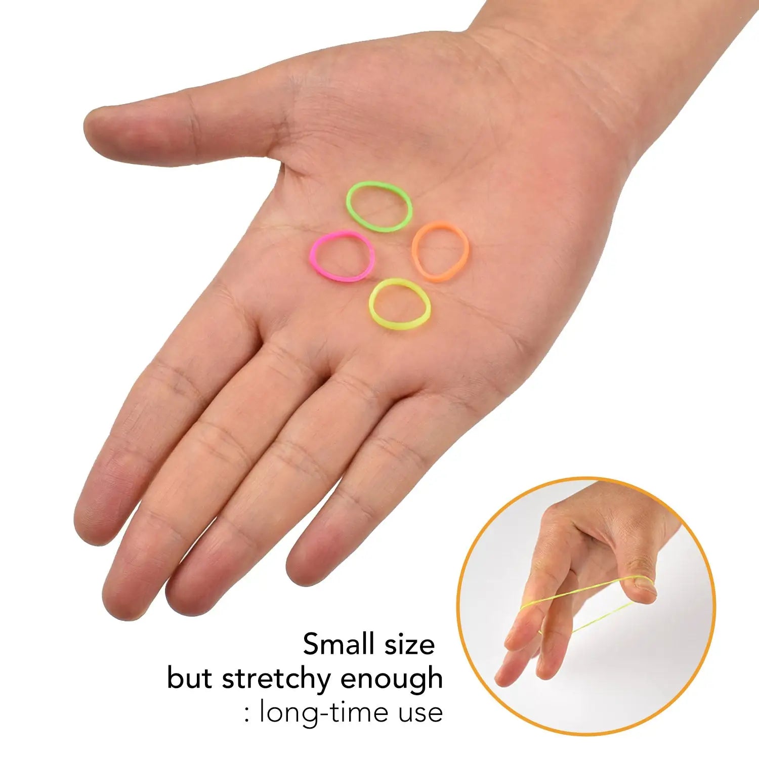 Extra strong mini rubber band on hand in versatile hair styling product.