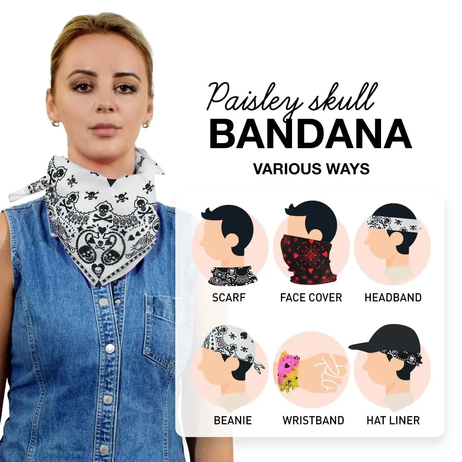 Close up of woman in Gothic 4PCS Skull Paisley Bandana Set