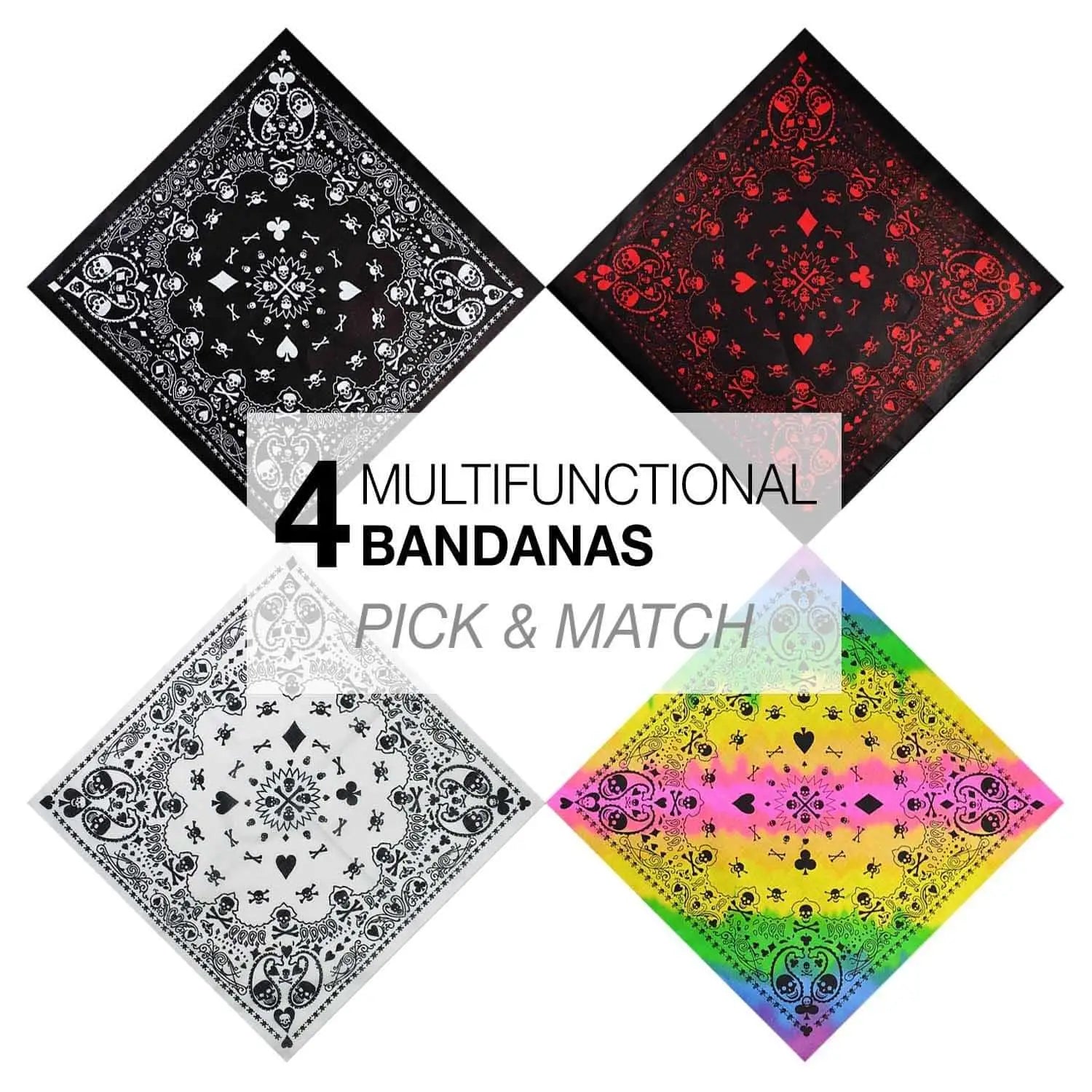Gothic 4PCS Skull Paisley Bandana Set - 4 Pack Matching Bandanas