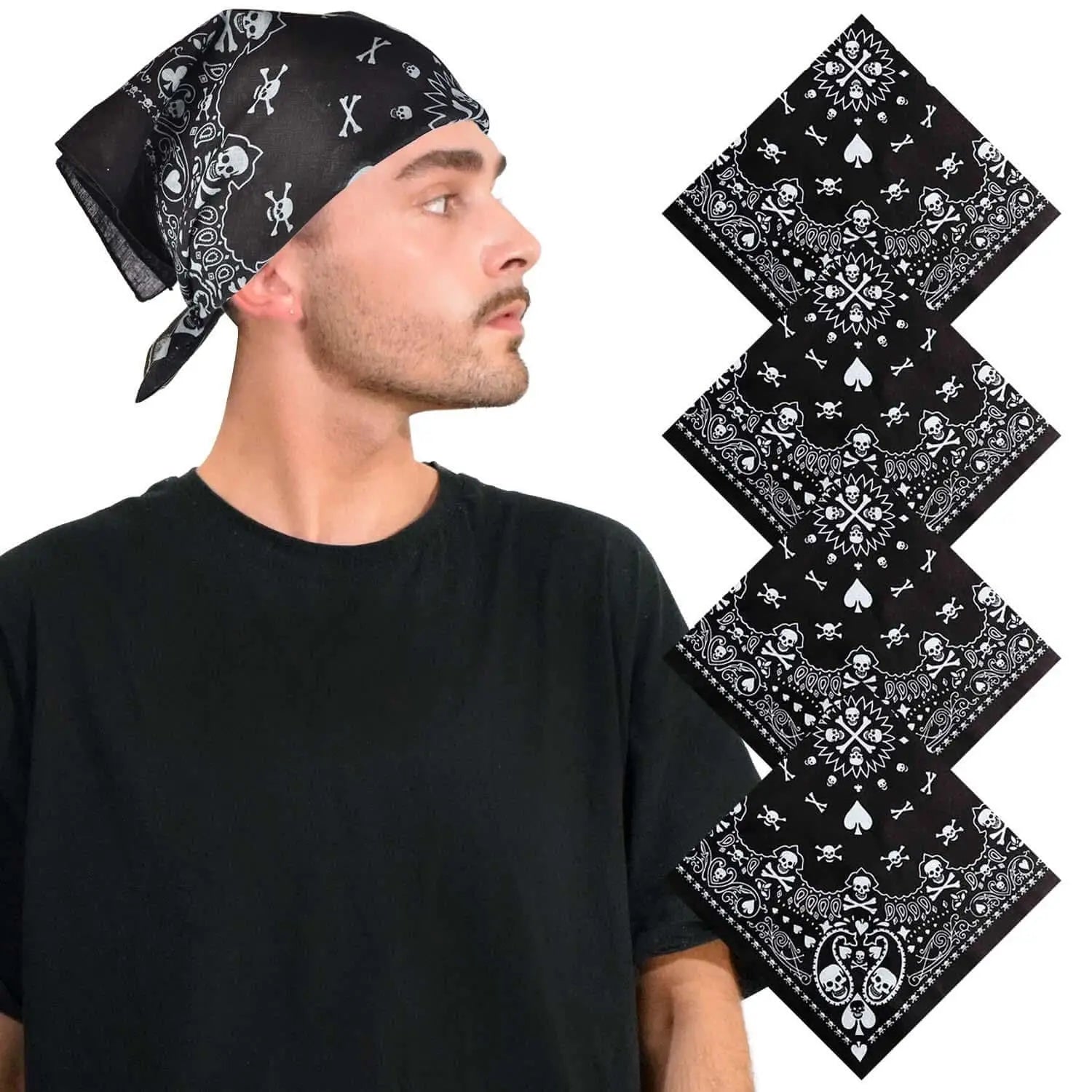Close up of man in Gothic 4PCS Skull Paisley Halloween Cotton Biker Bandana Set