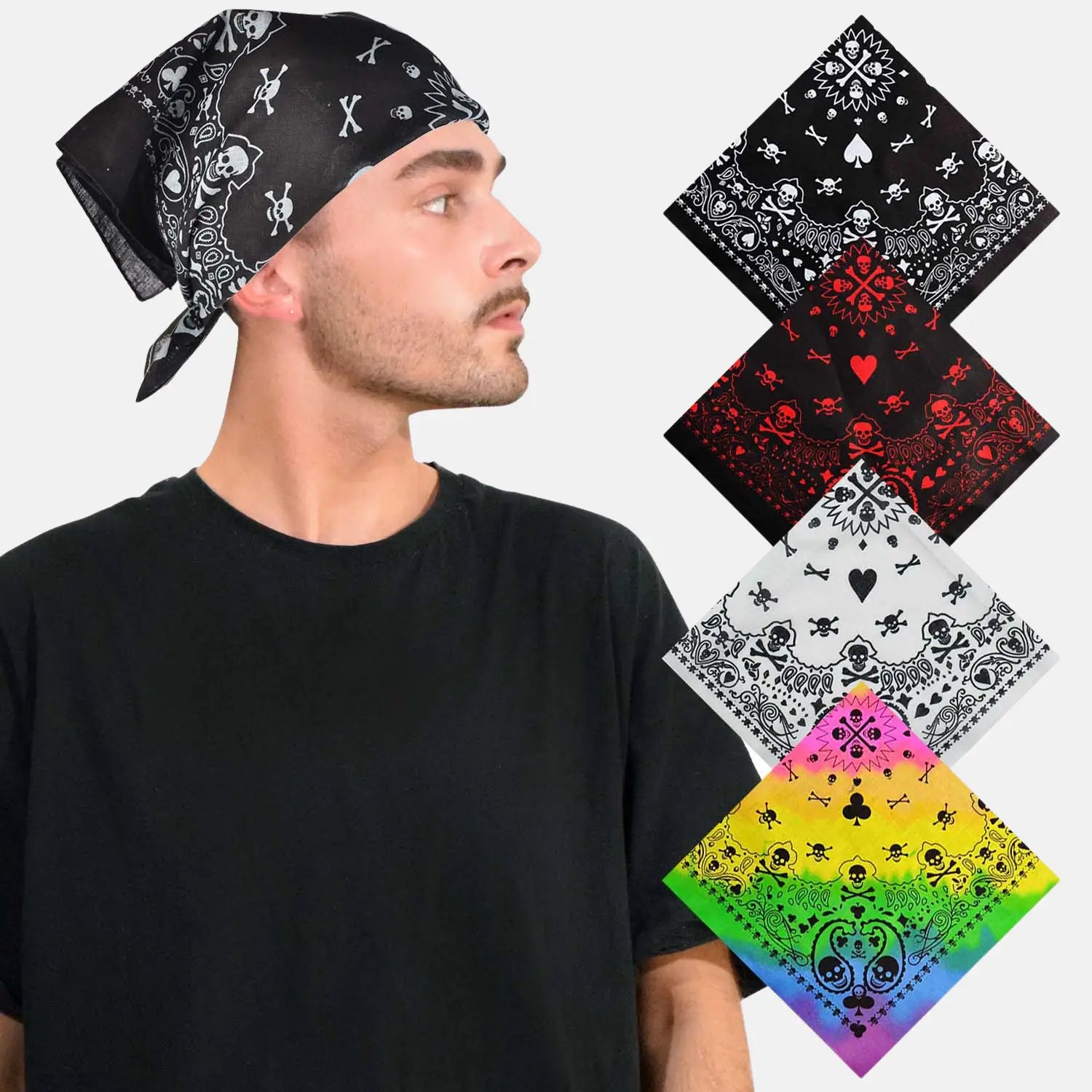 Man wearing Gothic 4PCS Skull Paisley Halloween Cotton Biker Bandana Set.