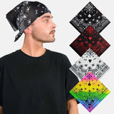 Man wearing Gothic 4PCS Skull Paisley Halloween Cotton Biker Bandana Set.