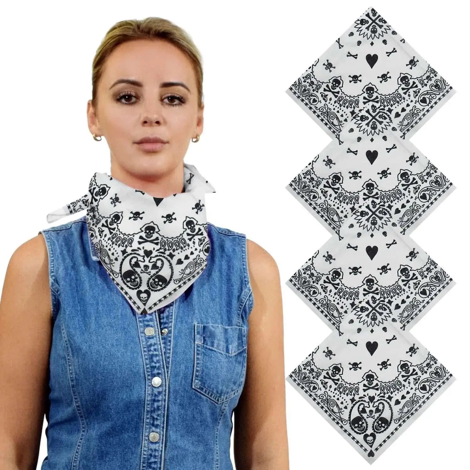 Woman wearing bandana and denim shirt from Gothic 4PCS Skull Paisley Halloween Cotton Biker Bandana Set.