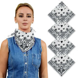Woman wearing bandana and denim shirt from Gothic 4PCS Skull Paisley Halloween Cotton Biker Bandana Set.