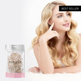 Blonde woman in white dress with hair extension snap clips