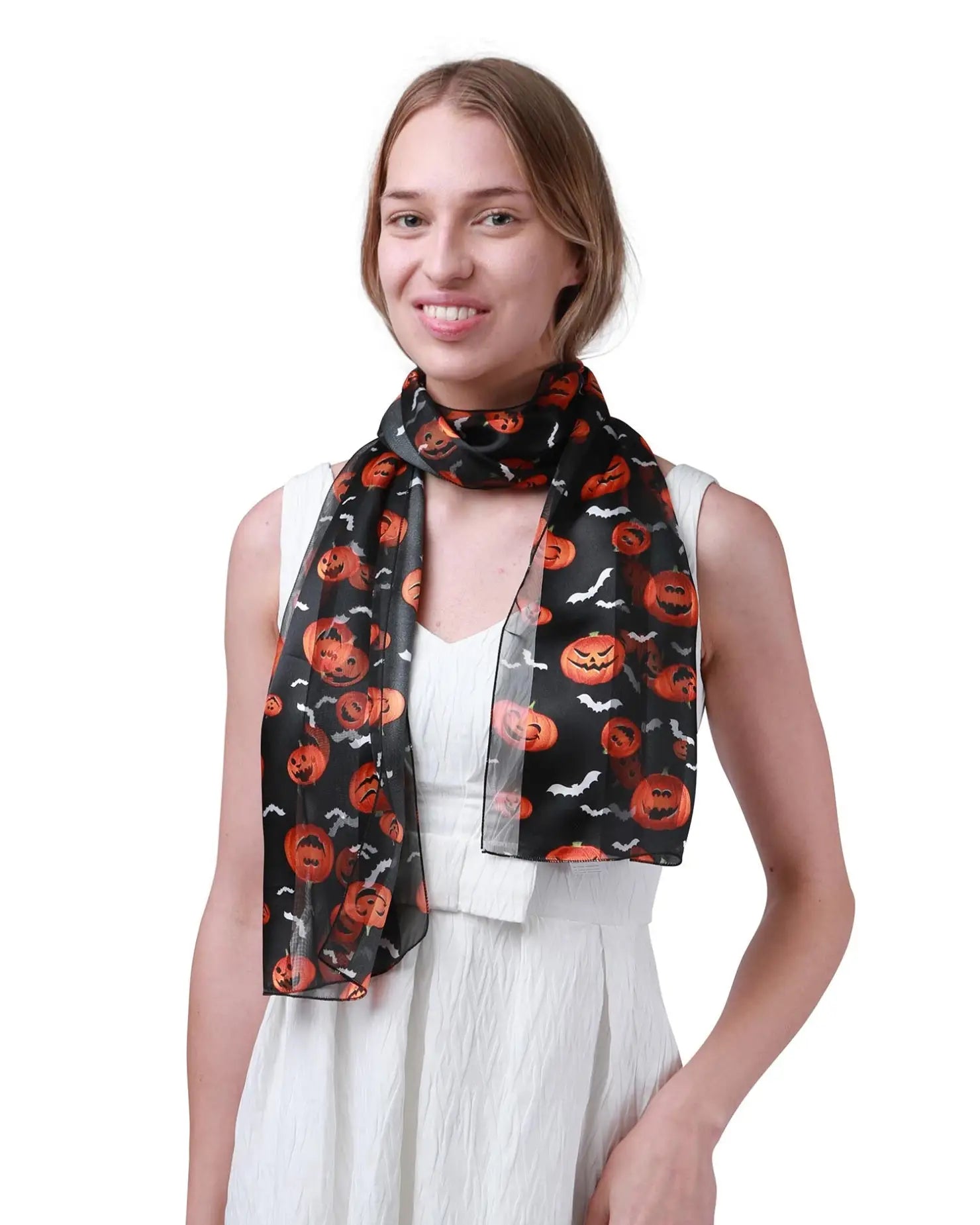 Black and orange Halloween scarf in Satin Striped Scarf for a festive touch to your outfit.