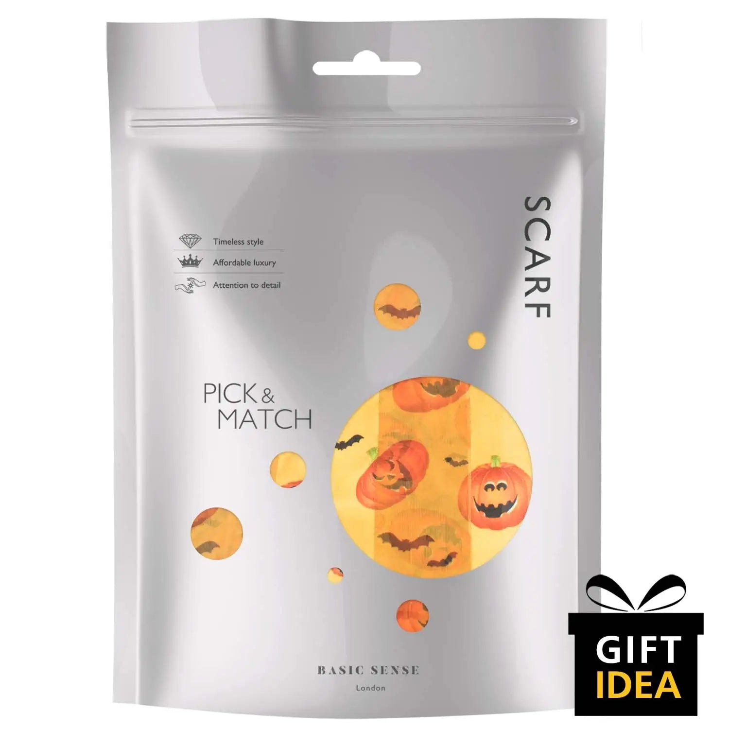 Halloween Pumpkin & Bat Silky Satin Striped Scarf with a bag of pumpkins saying ’Pick and Match’