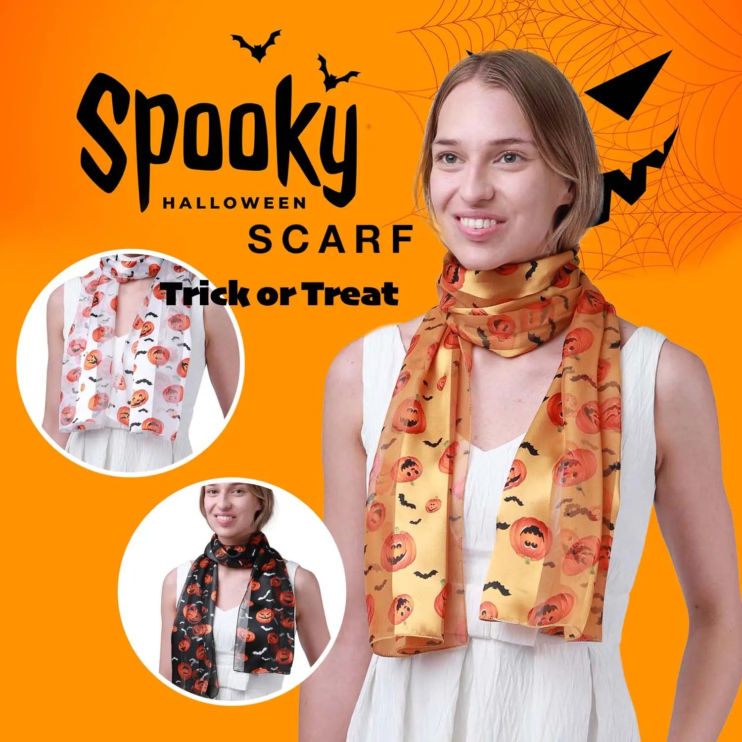 Woman wearing Halloween scarf with spider from Silky Satin Striped Scarf product.
