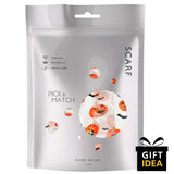 Halloween-themed pick and mix candy in a bag displayed with a Halloween Pumpkin & Bat Silky Satin Striped Scarf.