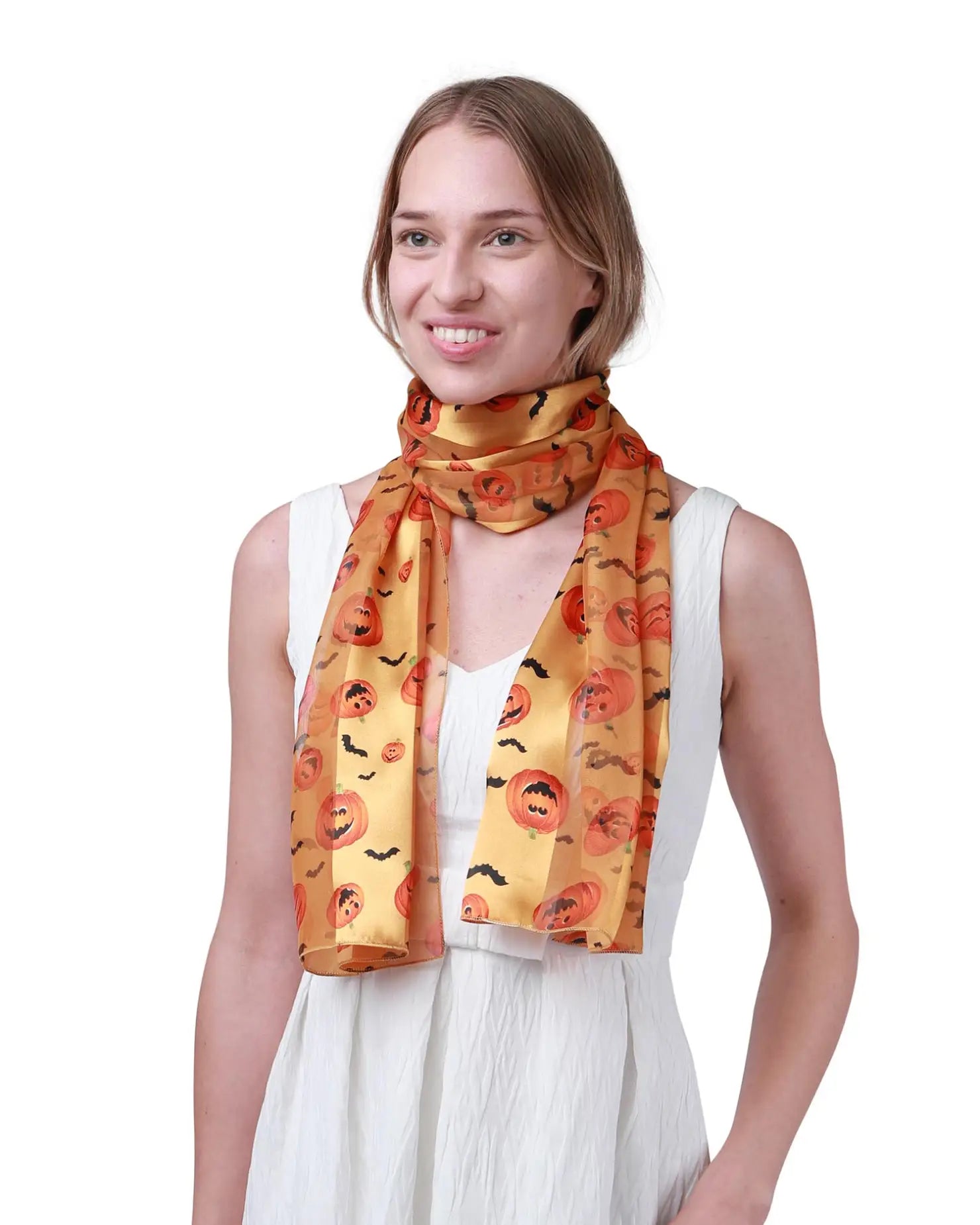 Woman wearing yellow scarf with orange flowers - Halloween Pumpkin & Bat Silky Satin Striped Scarf