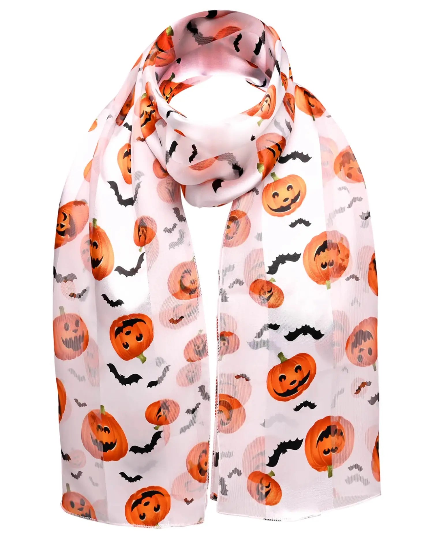 White silky satin striped scarf with pumpkin and bats pattern