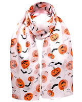 White silky satin striped scarf with pumpkin and bats pattern