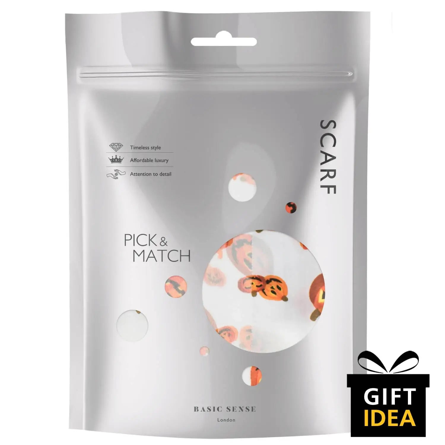 White bag of pick and match with black and white label by Halloween Pumpkin Silky Satin Striped Scarf