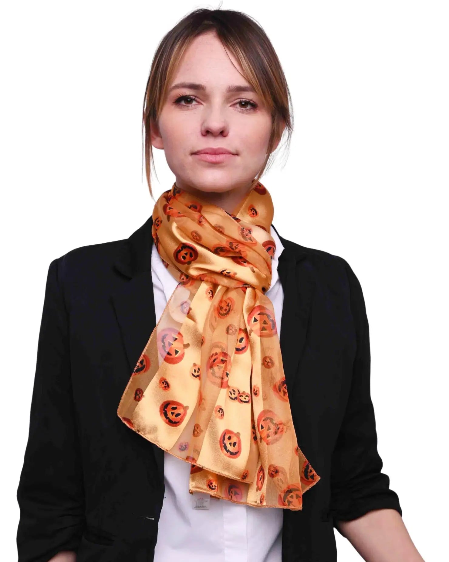 Woman wearing Halloween Pumpkin Silky Satin Striped Scarf