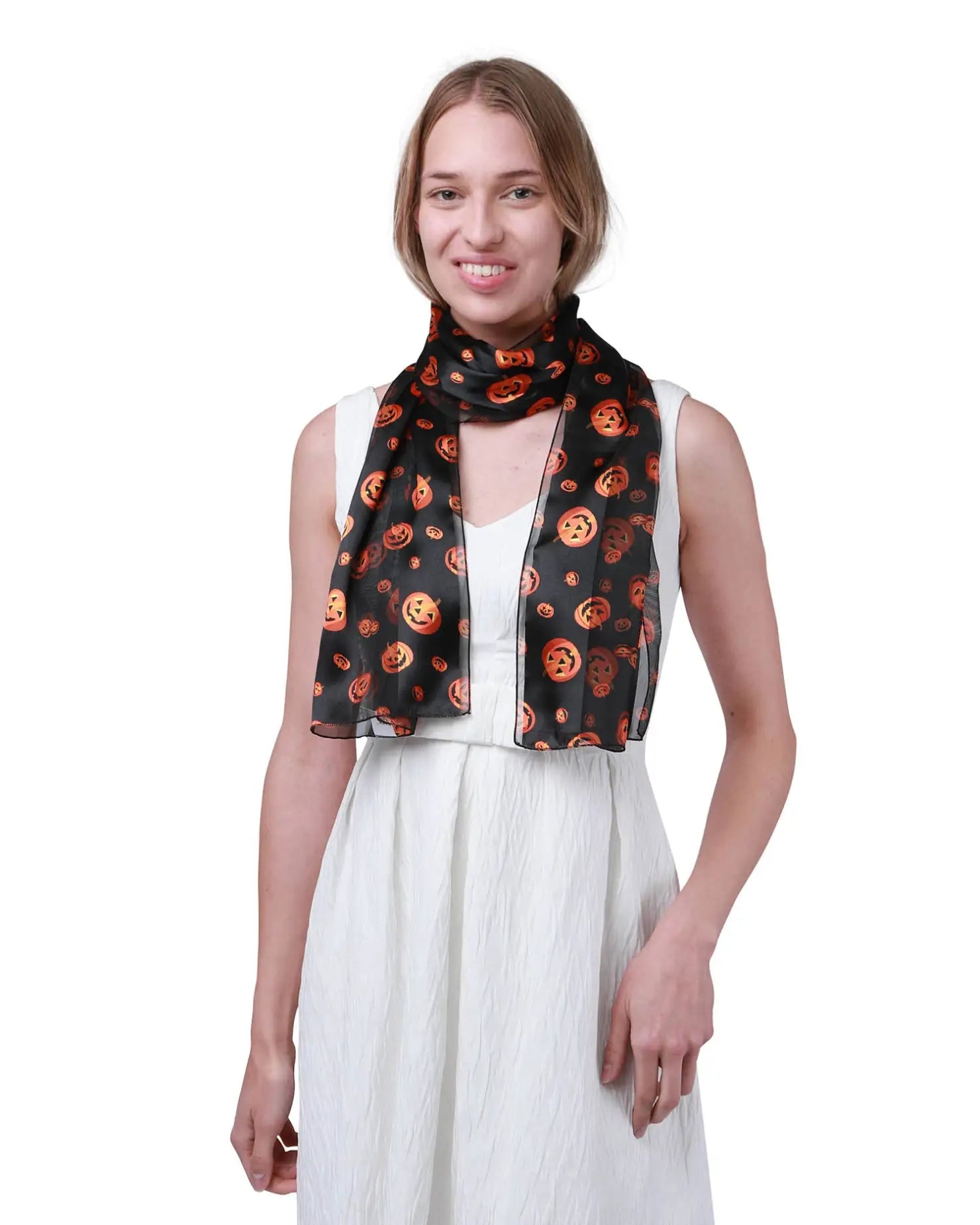 Woman wearing black and orange silky satin striped scarf for Halloween.