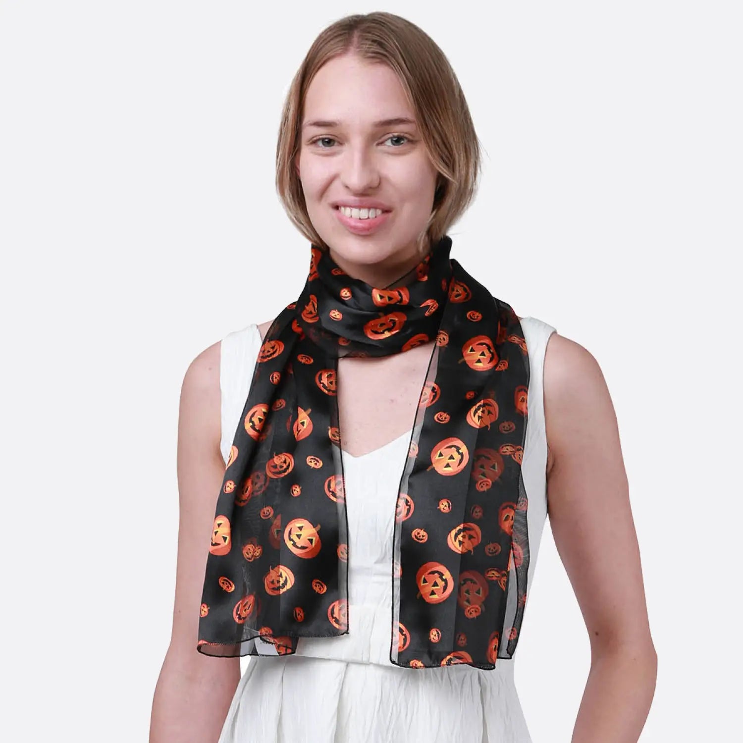 Woman wearing Halloween Pumpkin Silky Satin Striped Scarf with orange pumpkins