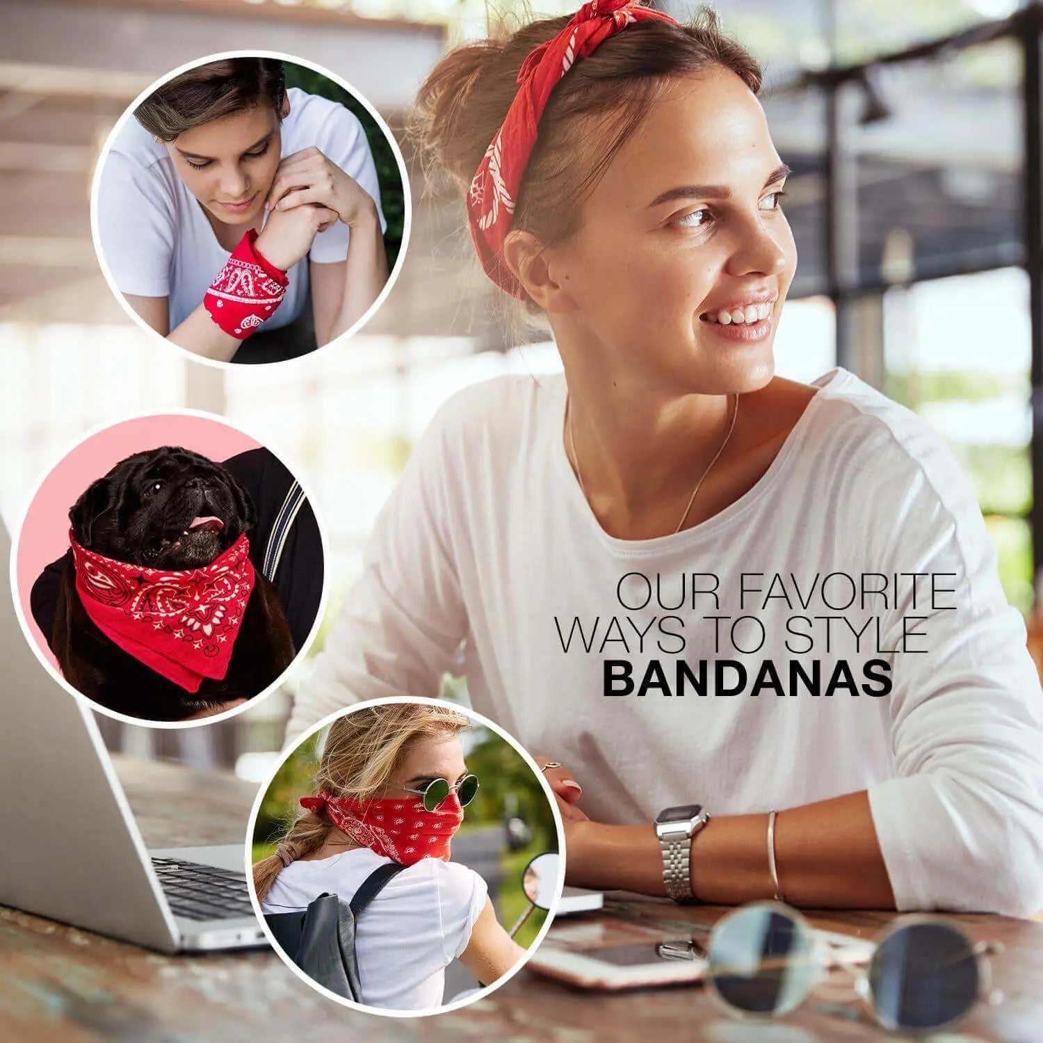 Woman wearing a Irish flag bandana with dog on it