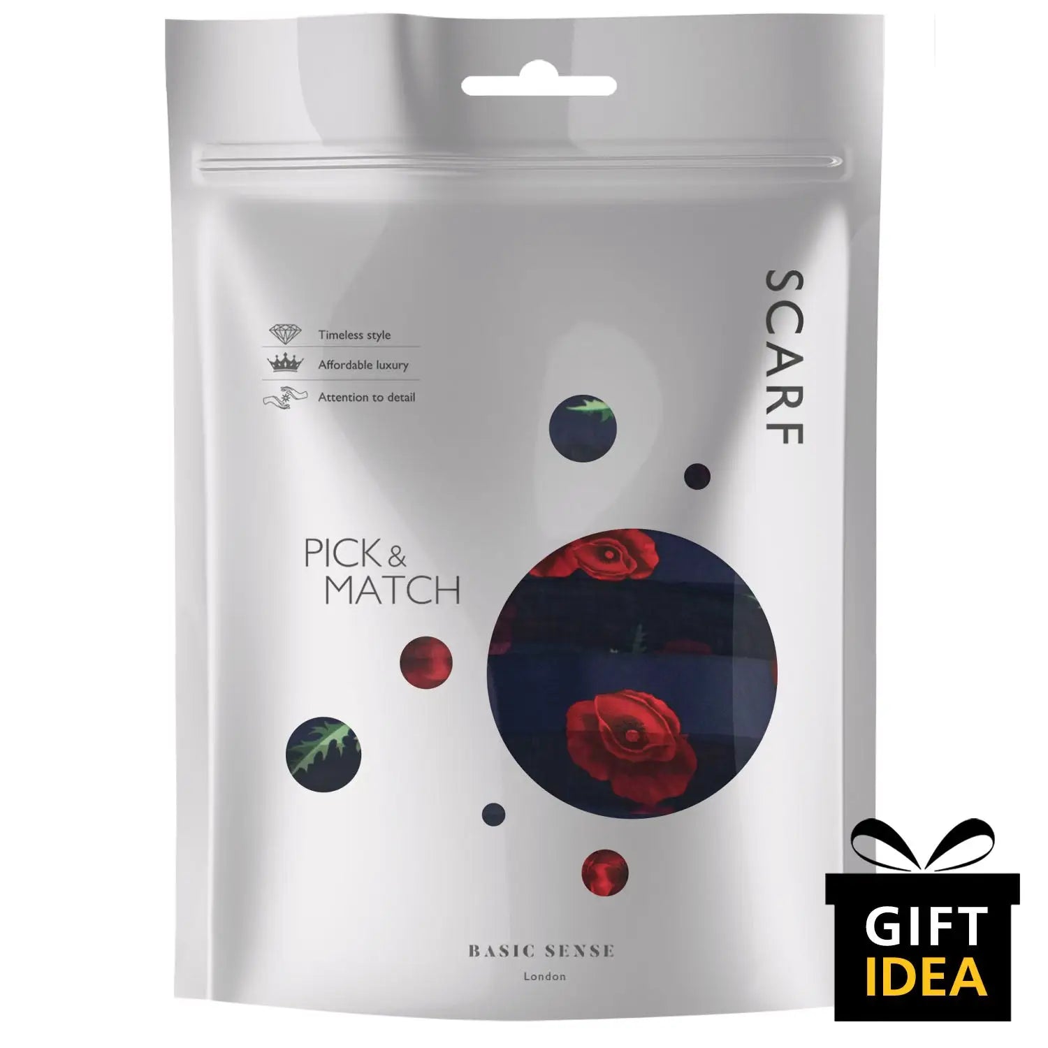 Large Square Poppy Scarf & Holder Set with White Bag and Red Rose