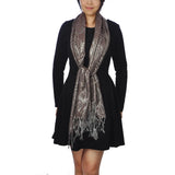 Woman wearing Metallic Aztec Print Oversized Tasselled Scarf