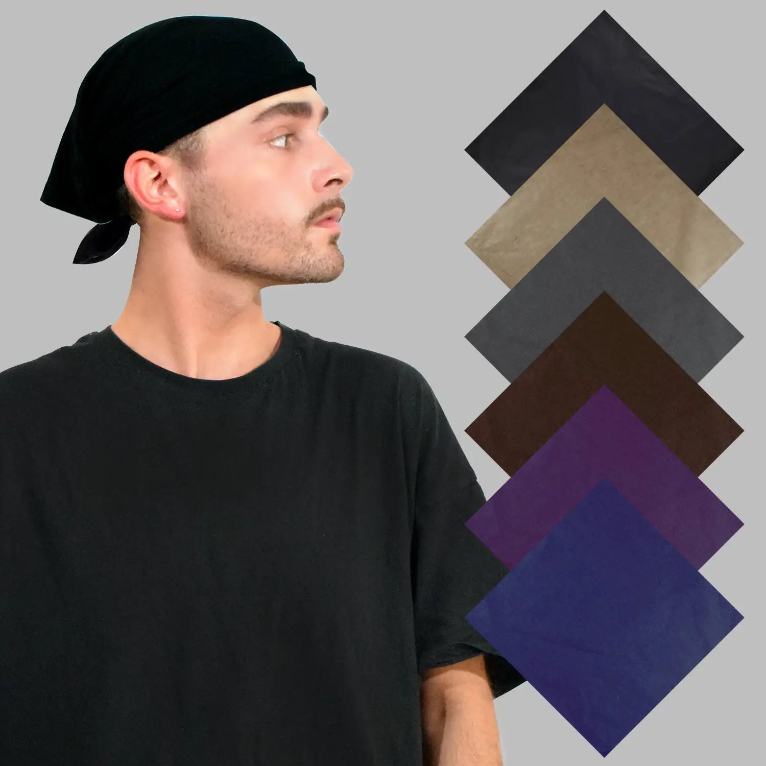 Man in black hat and shirt wearing Plain Cotton Bandana Set - 6PCS