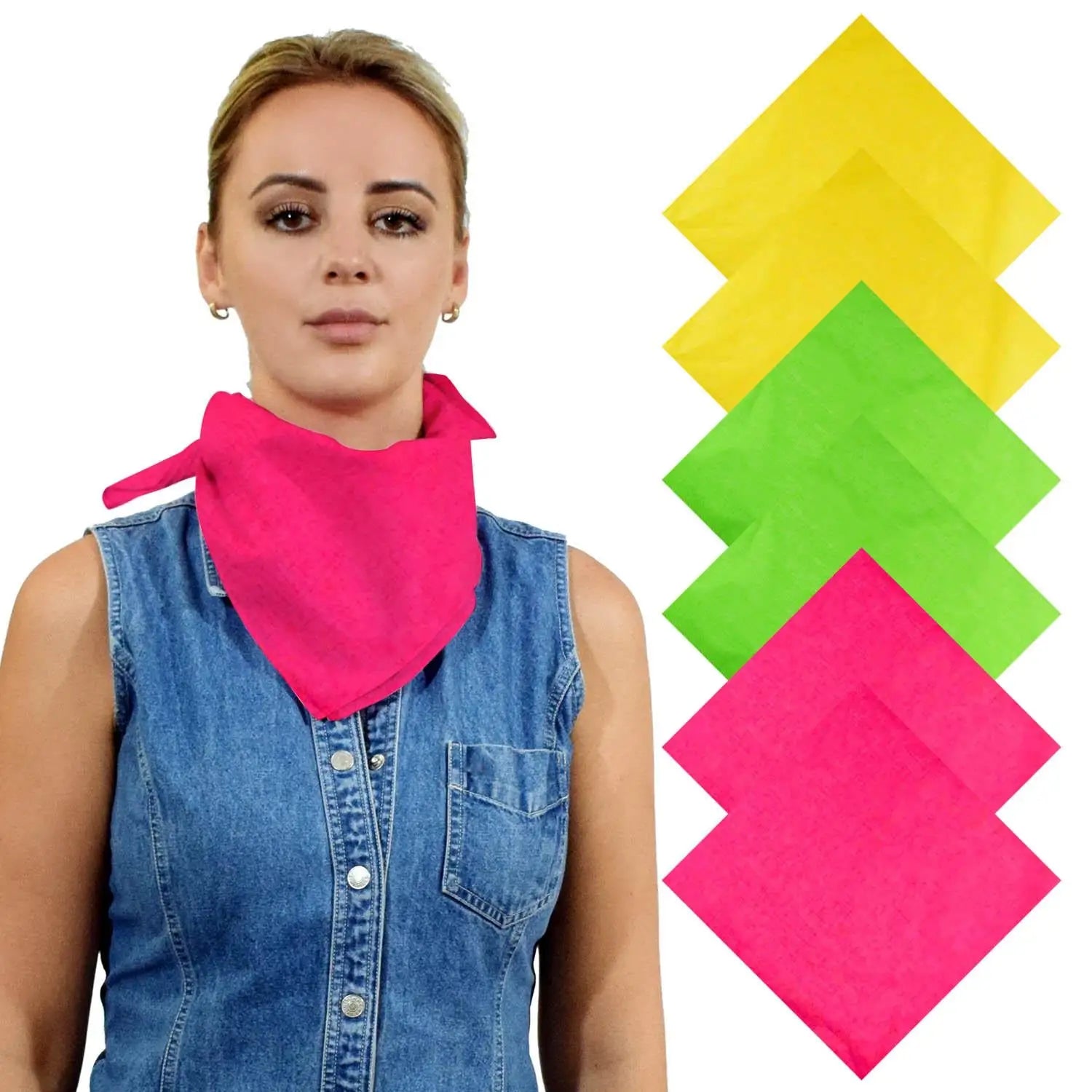 Stylish woman in a denim vest and plain cotton bandana, part of a versatile set.