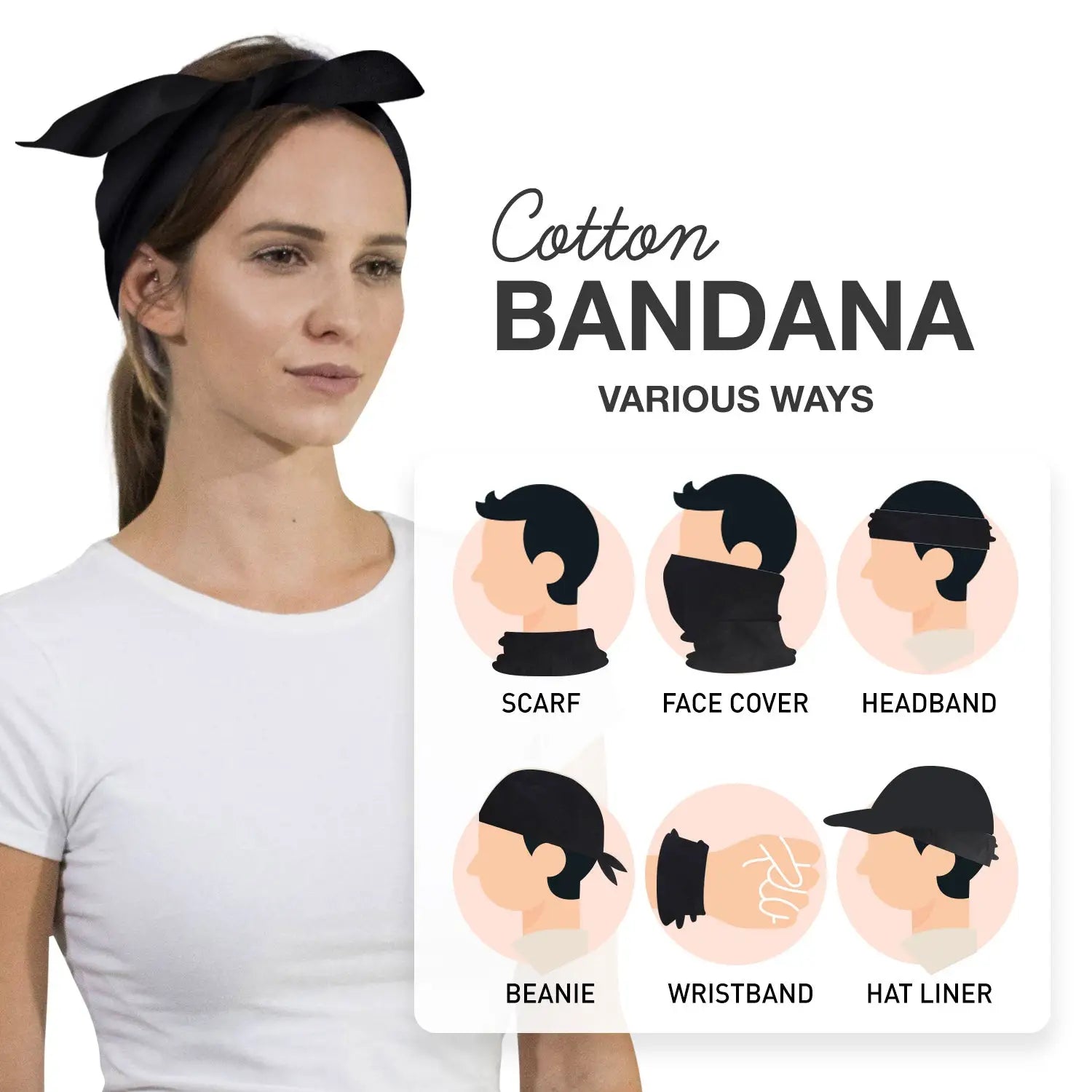 Plain Solid 100% Cotton Square Bandana in Black Color