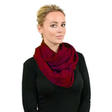Woman wearing red pleated ribbed snood scarf from Warm Circle Loop Tube Scarf product.