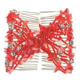 Red crystal bow hair comb showcased in Rhinestone Beads Twin Magic Hair Combs with double slide design.