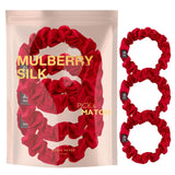 Small Skinny Mulberry Silk Hair Scrunchies - 3 Pack - Red - Hair Scrunchies