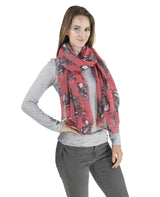 Woman wearing pink scarf with floral design from Sugar Skull & Floral Print Oversized Scarf - Large and Versatile