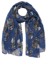 Blue sugar skull and floral print oversized scarf - large and versatile