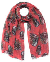 Red sugar skull and floral print oversized scarf with versatility.