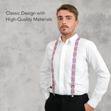Man in white shirt and black pants wearing union flag tie, UK Union Jack flag Y-shape suspenders with metal clips.
