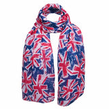 Detailed view of BASIC SENSE London Union Jack scarf texture and colour, showing the fabric fine weave and distressed print.
