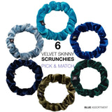Velvet skinny hair scrunchies set in assorted colors and sizes for versatile styling.