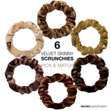 Six velvet hair scrunchies in a circle with words velvet skinnyy pick and match.