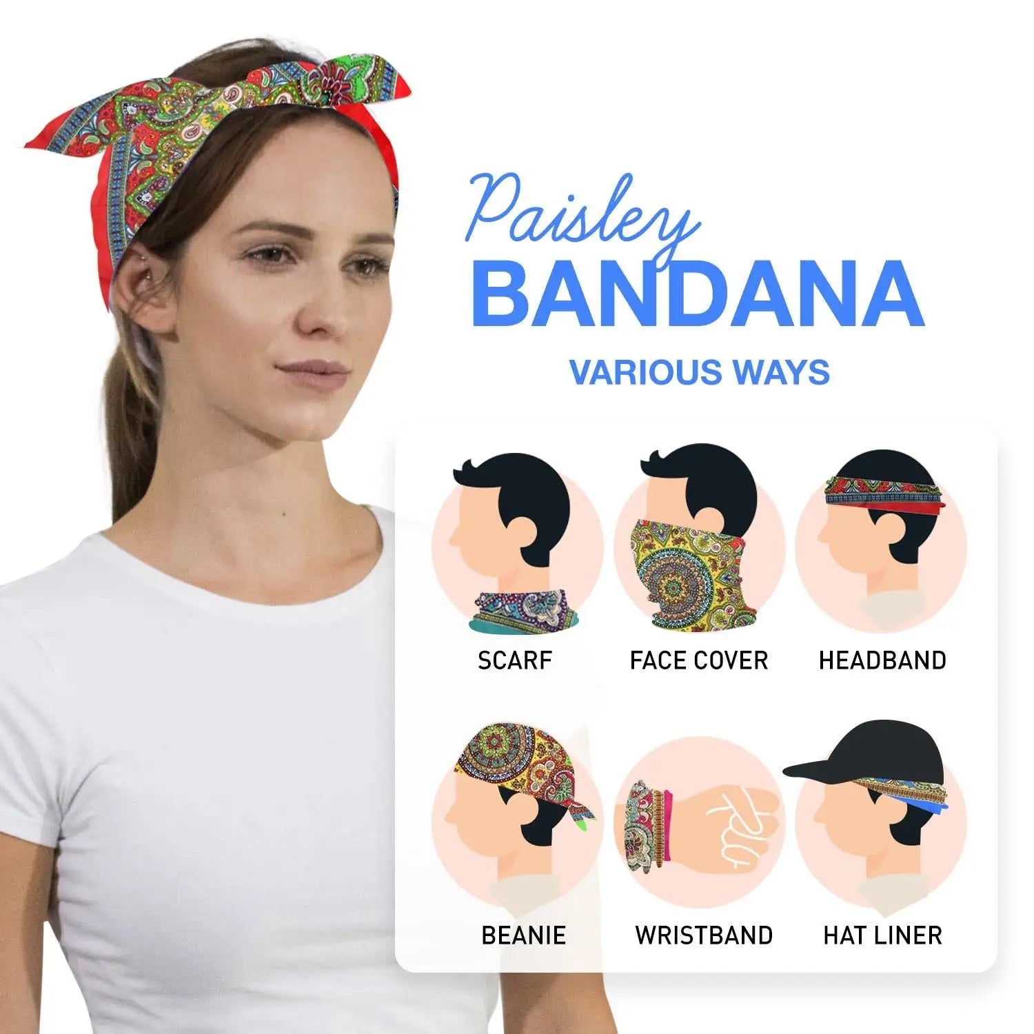 Vintage Paisley Cotton Bandana Set - 5PCS, woman holding sign with various bandanas