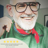 Vintage paisley bandana set featuring a man with a beard and glasses smiling.